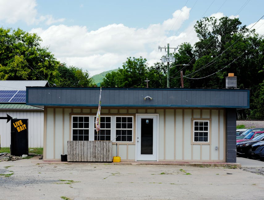 A small rural bait shop with live bait sign, solar panels, and surrounding greenery.